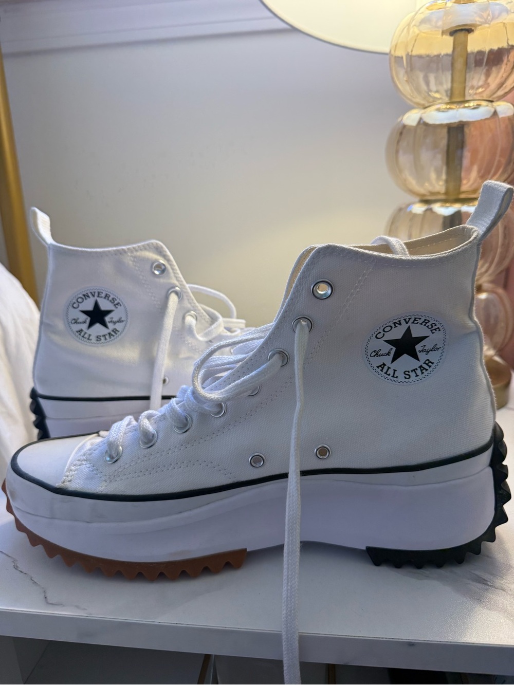 Converse Run Star Lug High Top Sneakers in White with Black & Gum Sole
